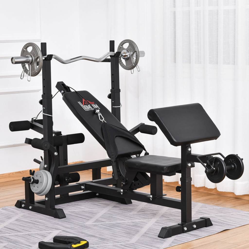 Multi-exercise full-body weight bench featuring bench press and leg extension by ActiveGear, shown in a home gym setting.