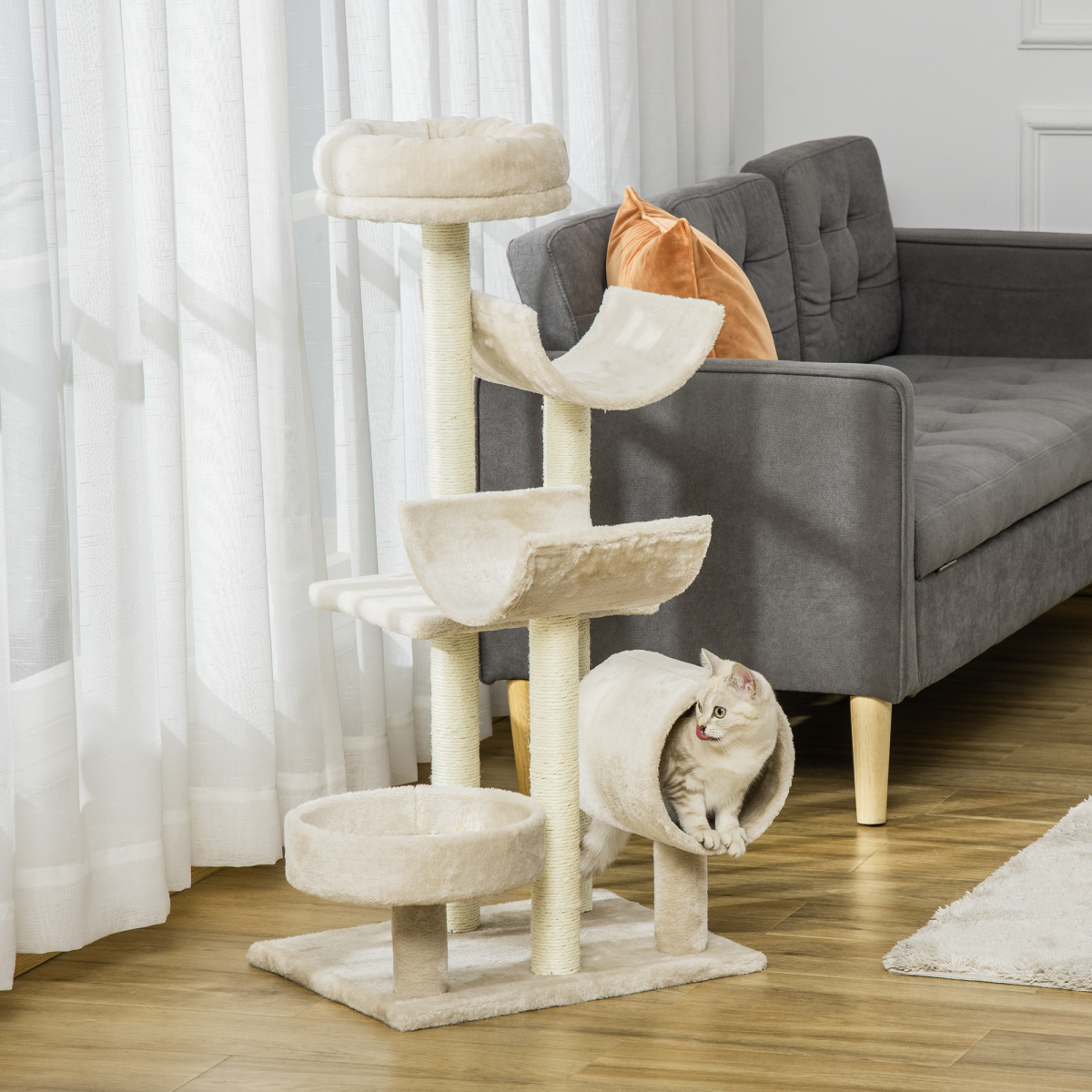 Beige Pawhut multi-level cat tree with scratching posts, perches, and a tunnel for playful cats.