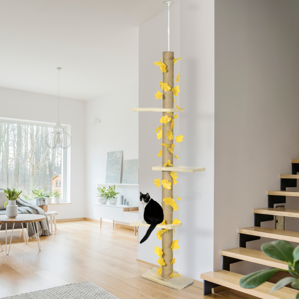 Yellow 242cm adjustable floor-to-ceiling cat tree by PawHut with anti-slip kit, designed for climbing and play.
