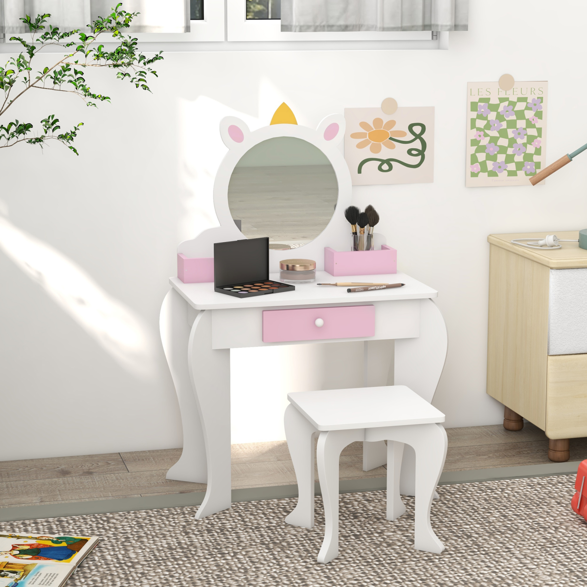 Kids Dressing Table with Mirror and Stool - Drawer & Storage Boxes - White
