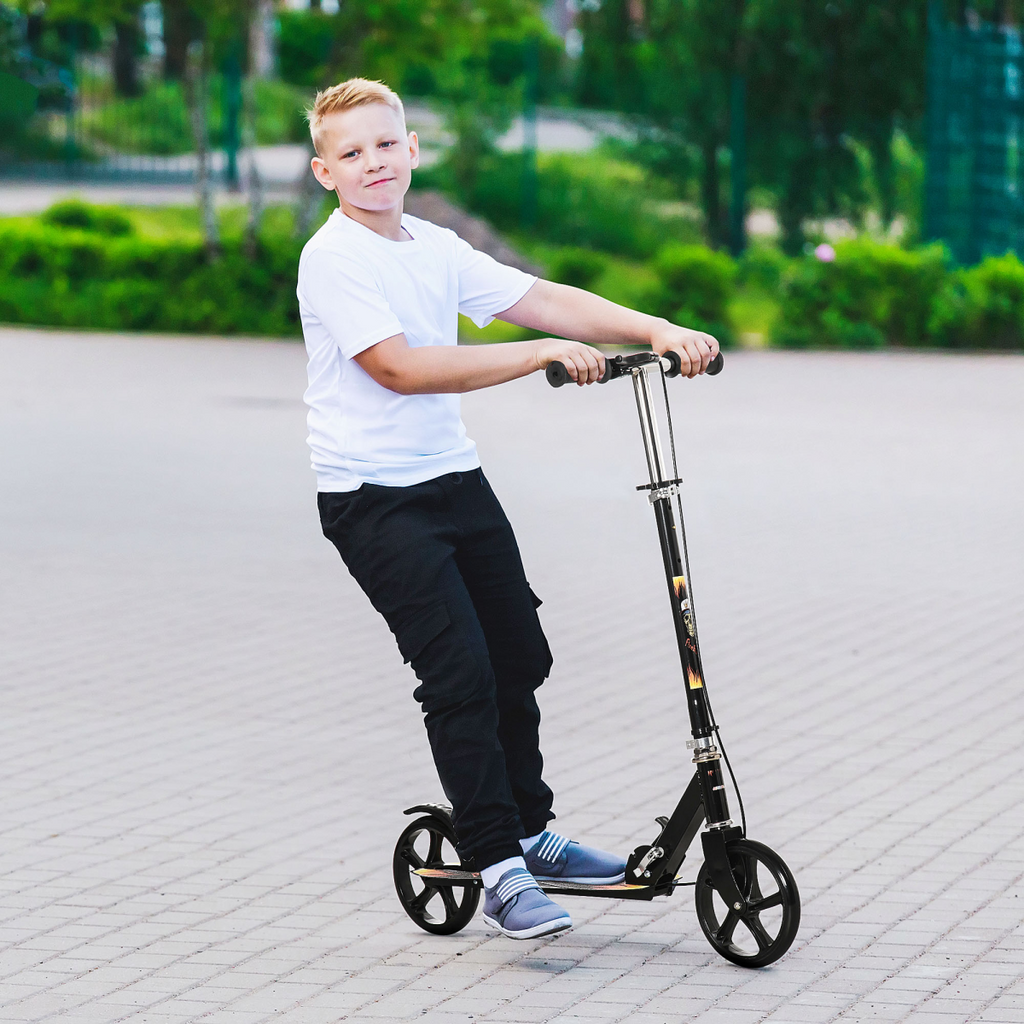 HOMCOM FunZone foldable kick scooter for kids with adjustable height, brake, and large wheels on a white background.