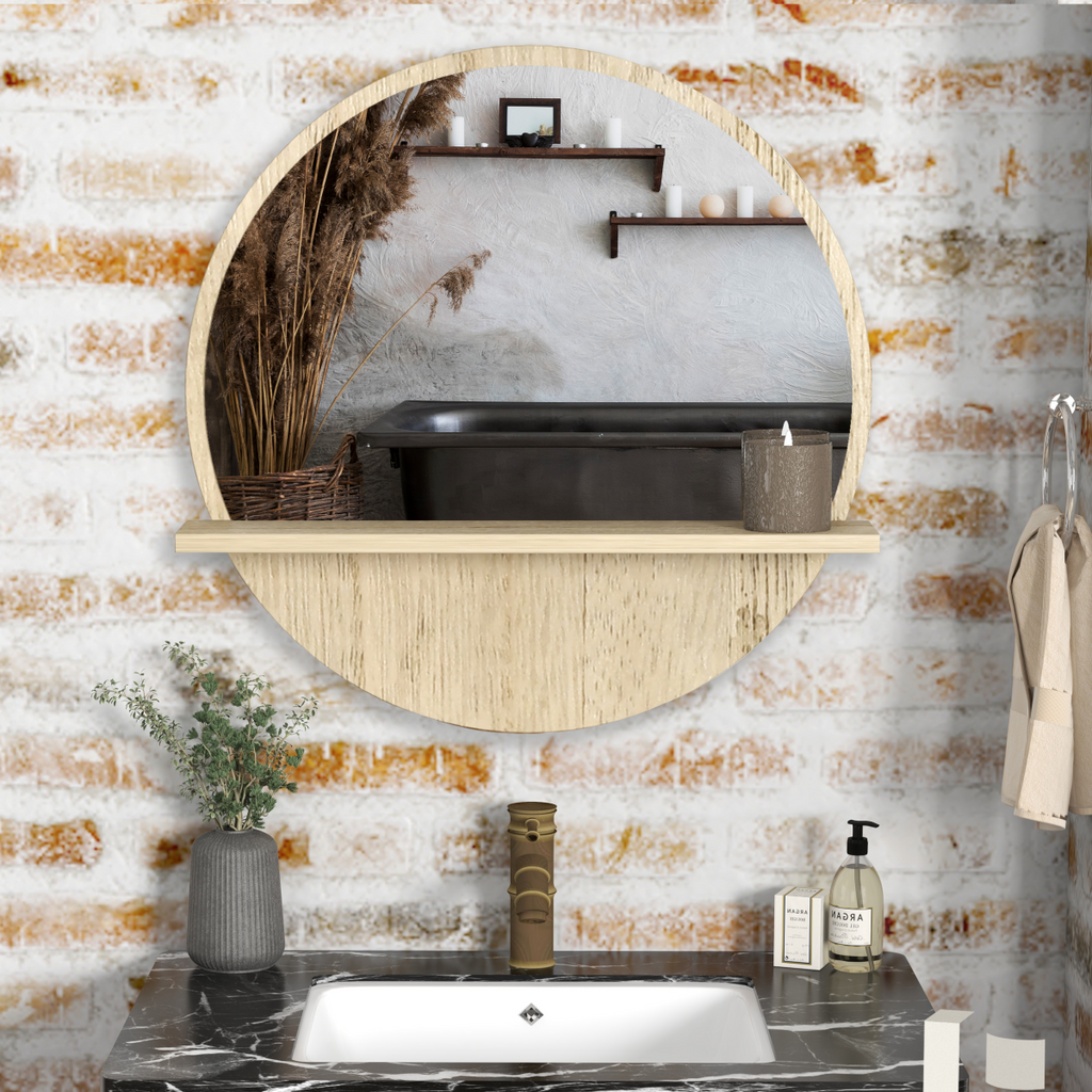Wall Mounted Bathroom Mirror with Shelf - Round Framed Makeup Mirror