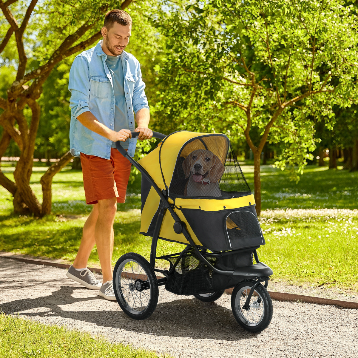 PawHut 3 Wheel Pet Stroller, for Medium Small Dogs, Foldable Cat Pram - Yellow