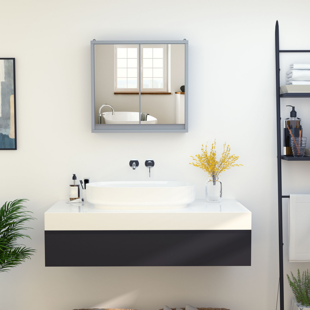 Grey wall mirror cabinet with storage shelf, featuring a sleek design for bathroom organization by Homcom.