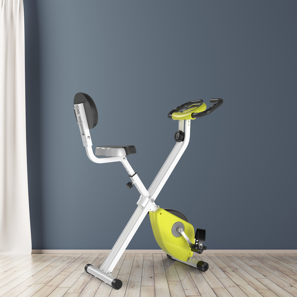 Foldable yellow HOMCOM exercise bike with magnetic resistance, LCD display, and adjustable seat for home workouts.