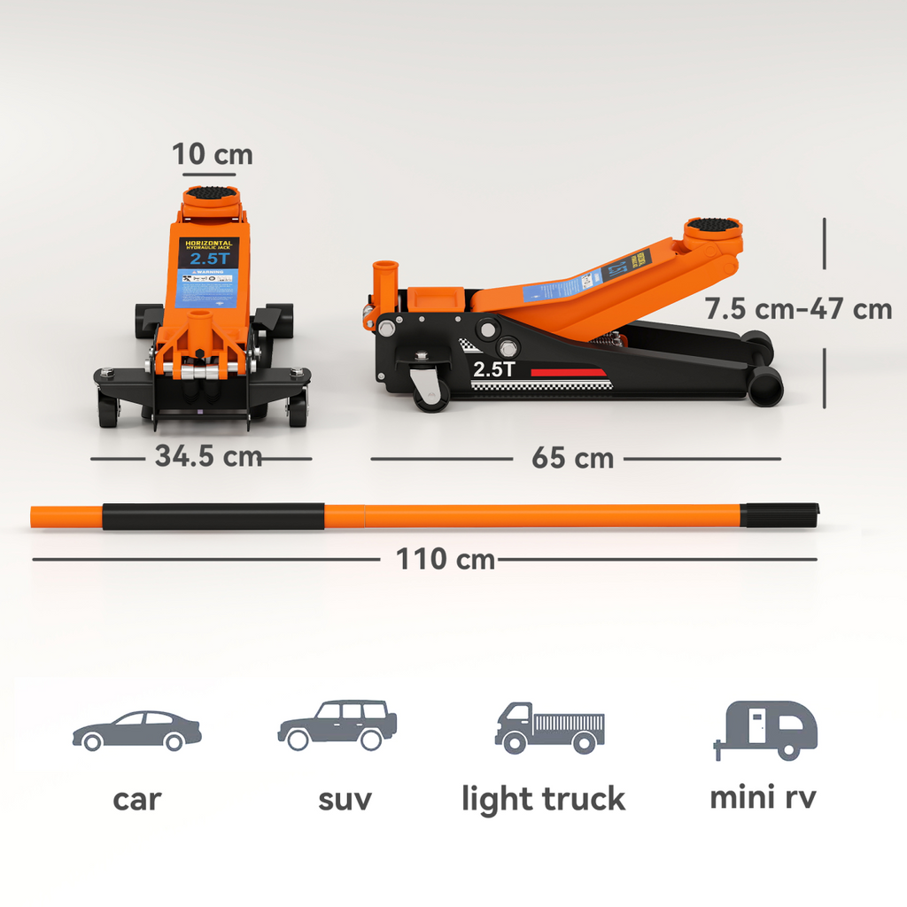 AutoPro car jack with a sturdy frame, lifting mechanism, and rubberized handle, positioned on a garage floor.