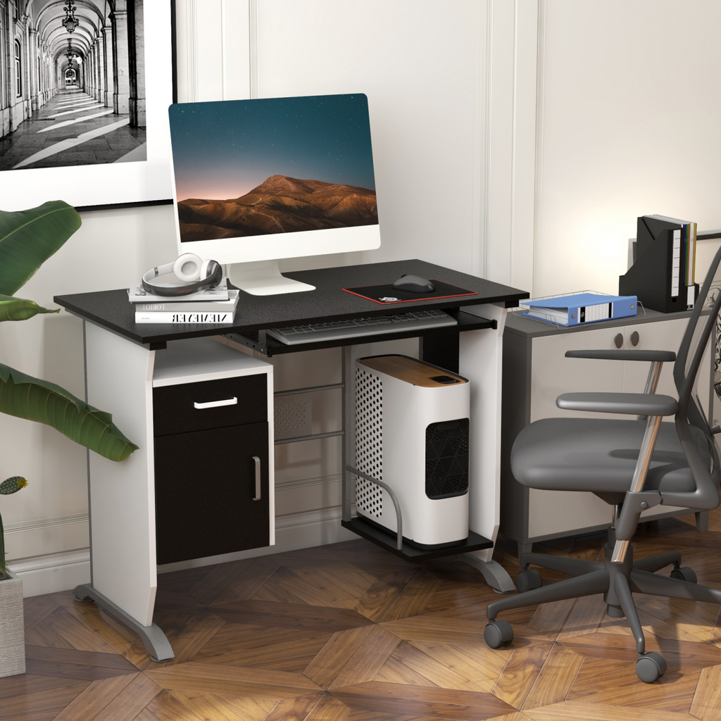 Black wooden Computer Desk with keyboard shelf and drawers, showcasing a modern workstation design by HomeCraft.