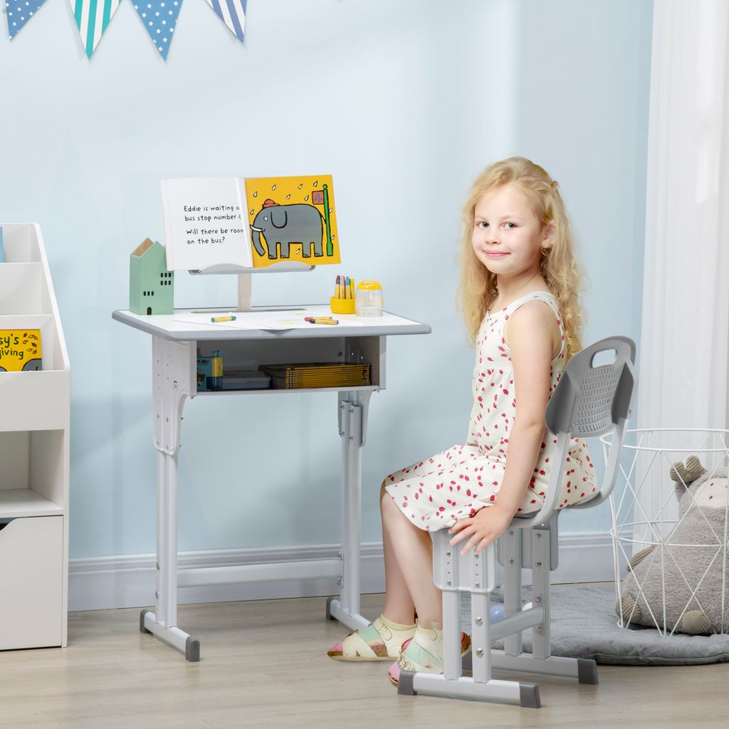 Kids desk and chair set in grey with adjustable height and book stand, suitable for ages 6-12 from FunZone.