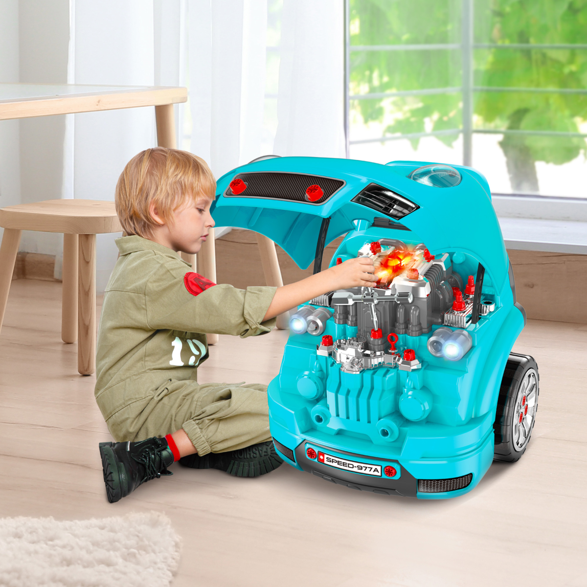Teal green HOMCOM Kids Truck Engine Toy Set with horn, light, and car key for ages 3-5 years.