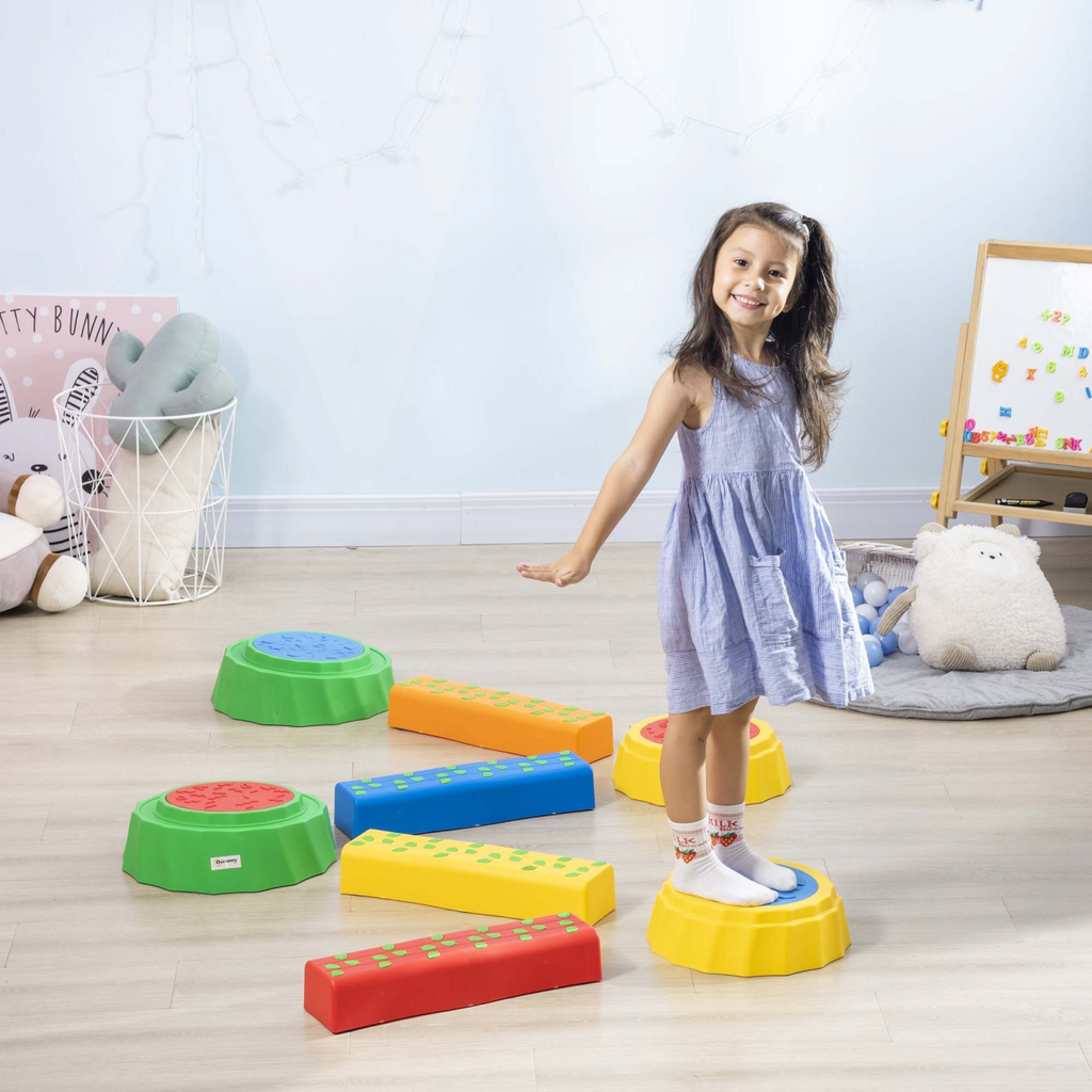 Eight-piece kids stepping stones with non-slip surface, colorful design for outdoor play and fun activities.