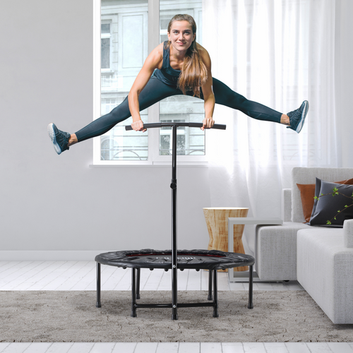 40" mini trampoline with adjustable handle, designed for kids and adults, in a fitness setting for home workouts.
