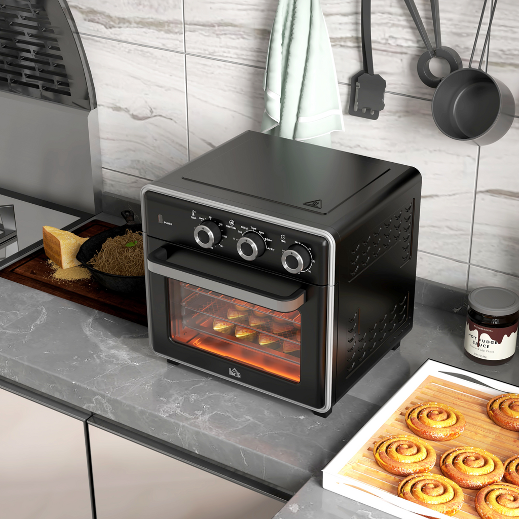 HOMCOM 20L air fryer oven in black with 7 functions and countertop convection design, showcasing its spacious interior.