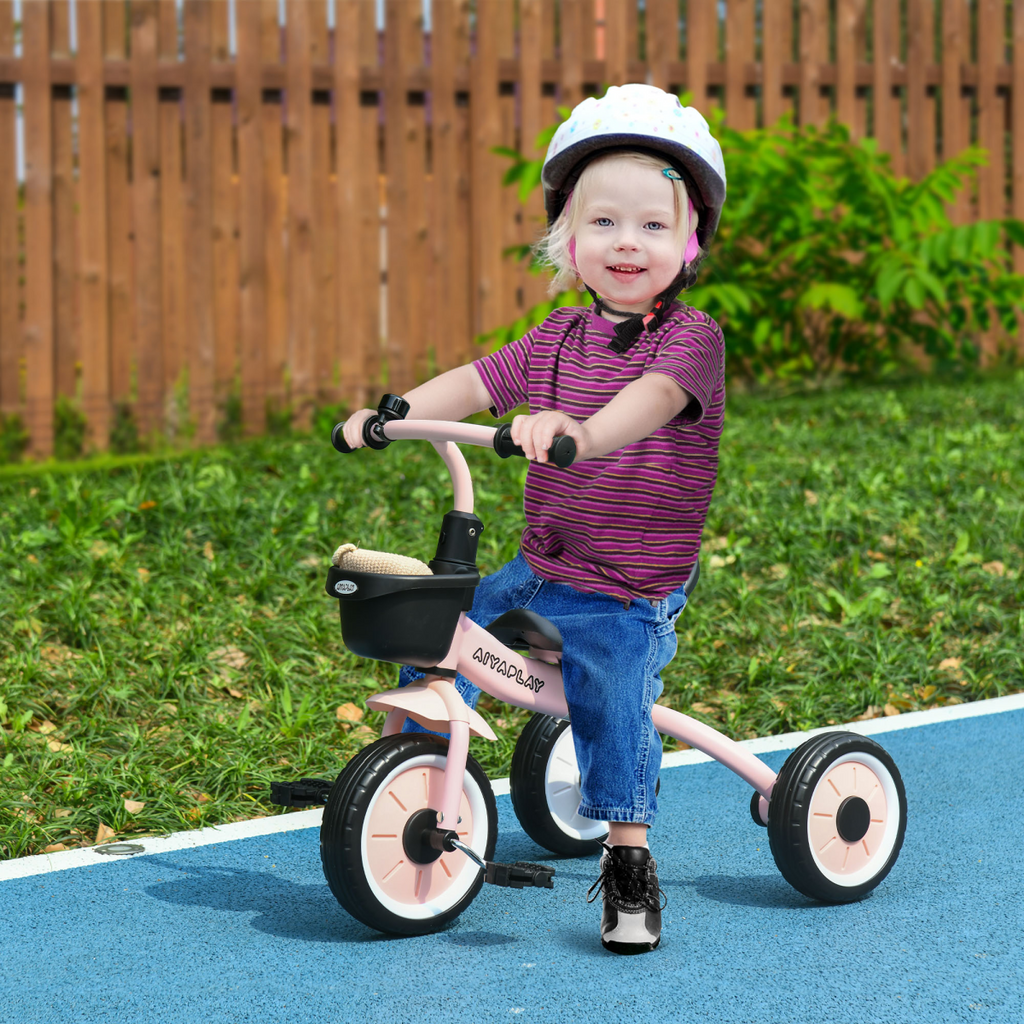 Pink AIYAPLAY kids trike with adjustable seat, basket, and bell, designed for ages 2-5 years.