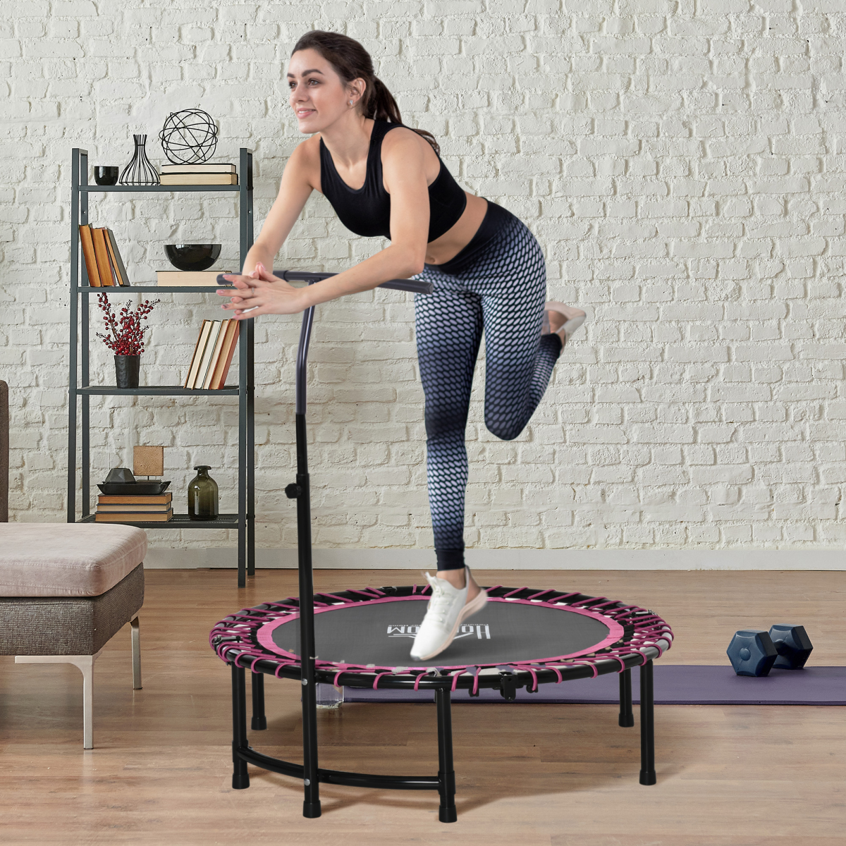 40" pink mini trampoline with adjustable handle, designed for indoor and outdoor fitness by ActiveGear.