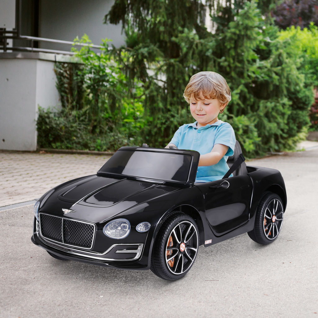 Black HOMCOM Electric Ride-on Car with LED lights, music features, and parental remote control for kids.