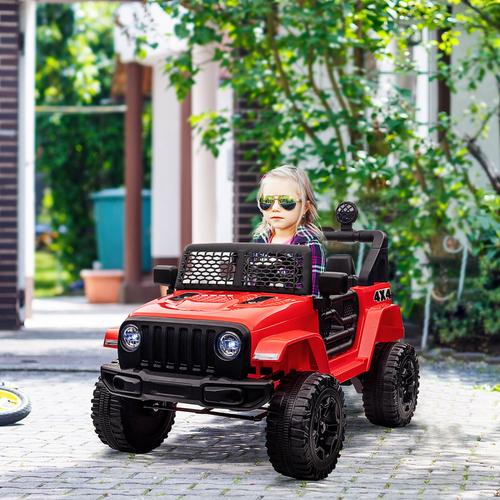 Red HOMCOM 12V Kids Electric Ride On Car Truck with remote control, featuring off-road wheels and a stylish design.