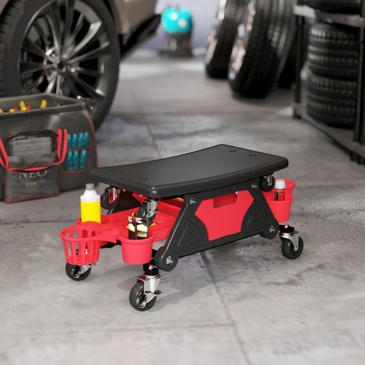 Rolling Mechanic Stool with Detachable Seat & Storage - 135kg Capacity - Red