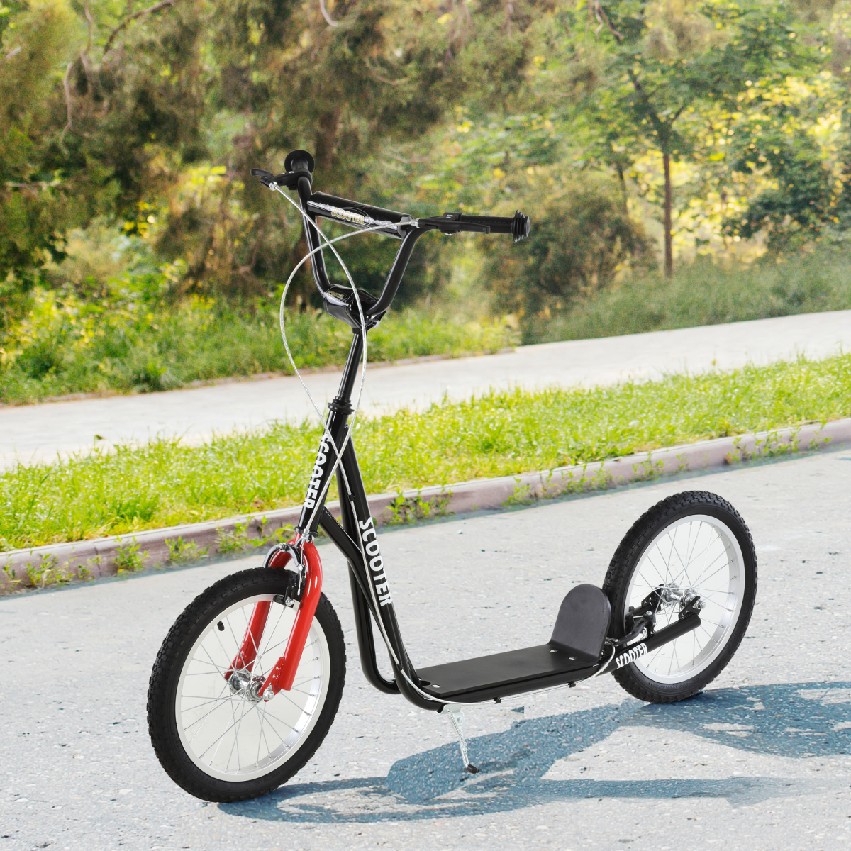 Kids kick scooter with adjustable handlebar and inflatable wheels in black, designed for ages 5 and up.