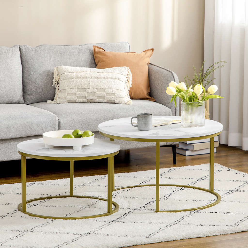 Set of 2 round nesting coffee tables with metal frame and marble effect by HOMCOM, showcasing stylish design and functionality.