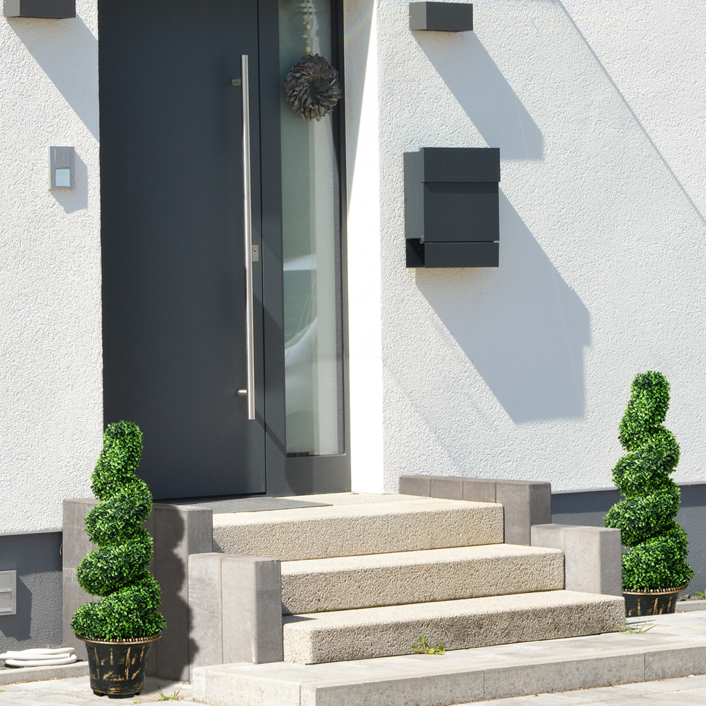 Set of 2 HOMCOM artificial topiary spiral trees, 90cm tall, featuring boxwood and lavender for home decor.