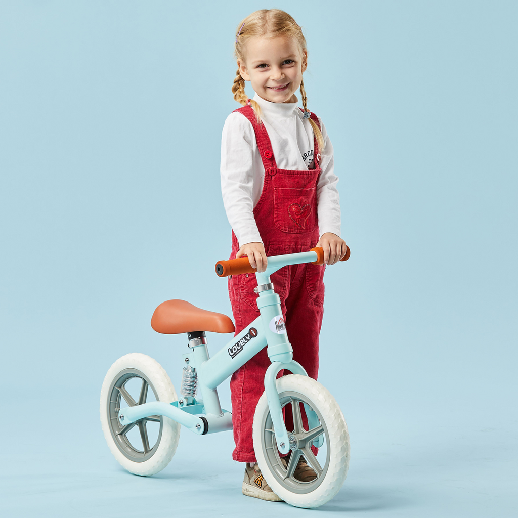 Kids balance bike by FunZone with no pedals, adjustable seat, suitable for ages 2-5, shown in vibrant colors.