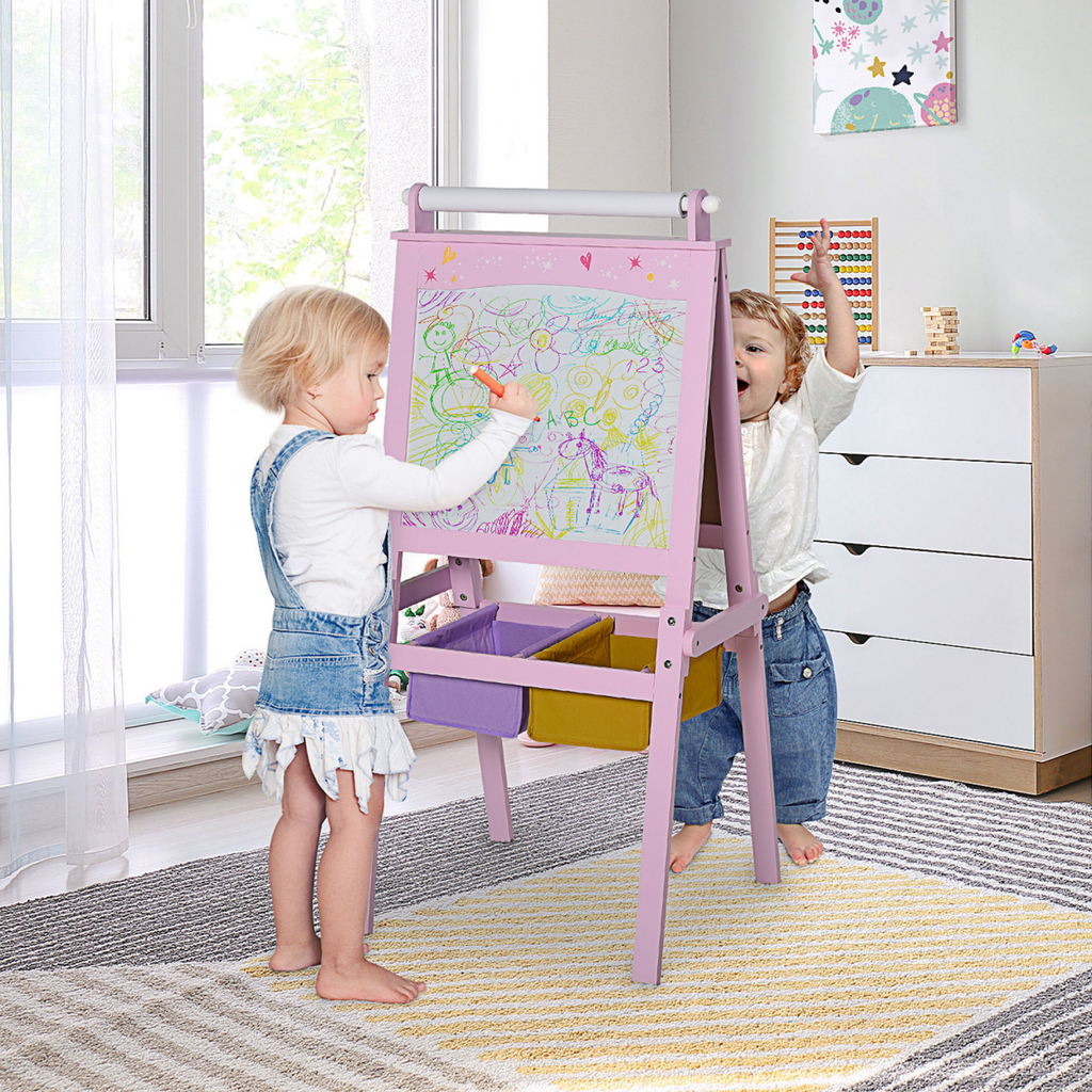 Kids wooden art easel with paper roll and double-sided chalkboard, perfect for creative play and learning activities.