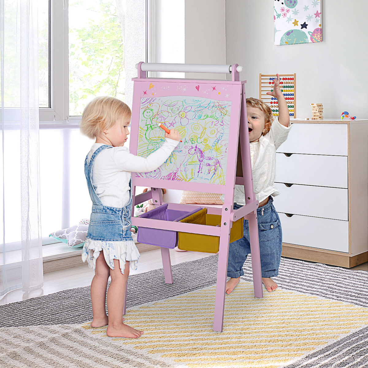 Kids wooden art easel with paper roll and double-sided chalkboard, perfect for creative play and learning activities.