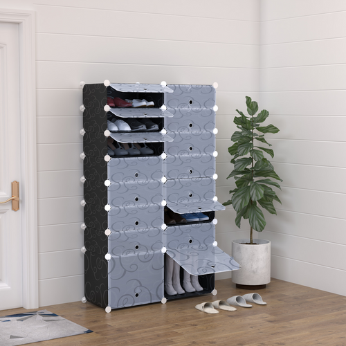 16-cube modular shoe rack in interlocking plastic, featuring a 160cm height for organized shoe storage.