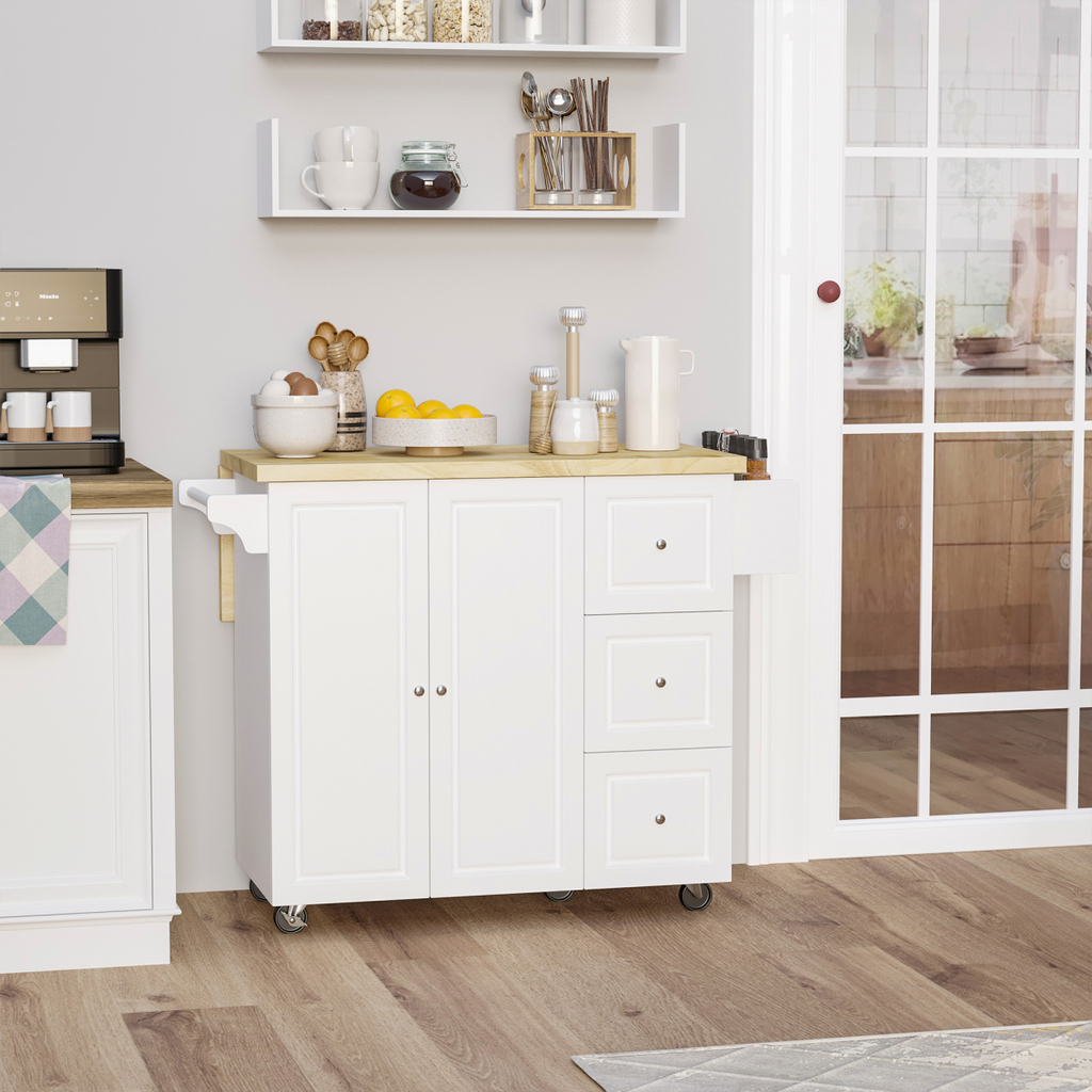 Drop-leaf kitchen island on wheels with storage cart, drawers, and cabinet by HomeCraft. Ideal for kitchen organization.