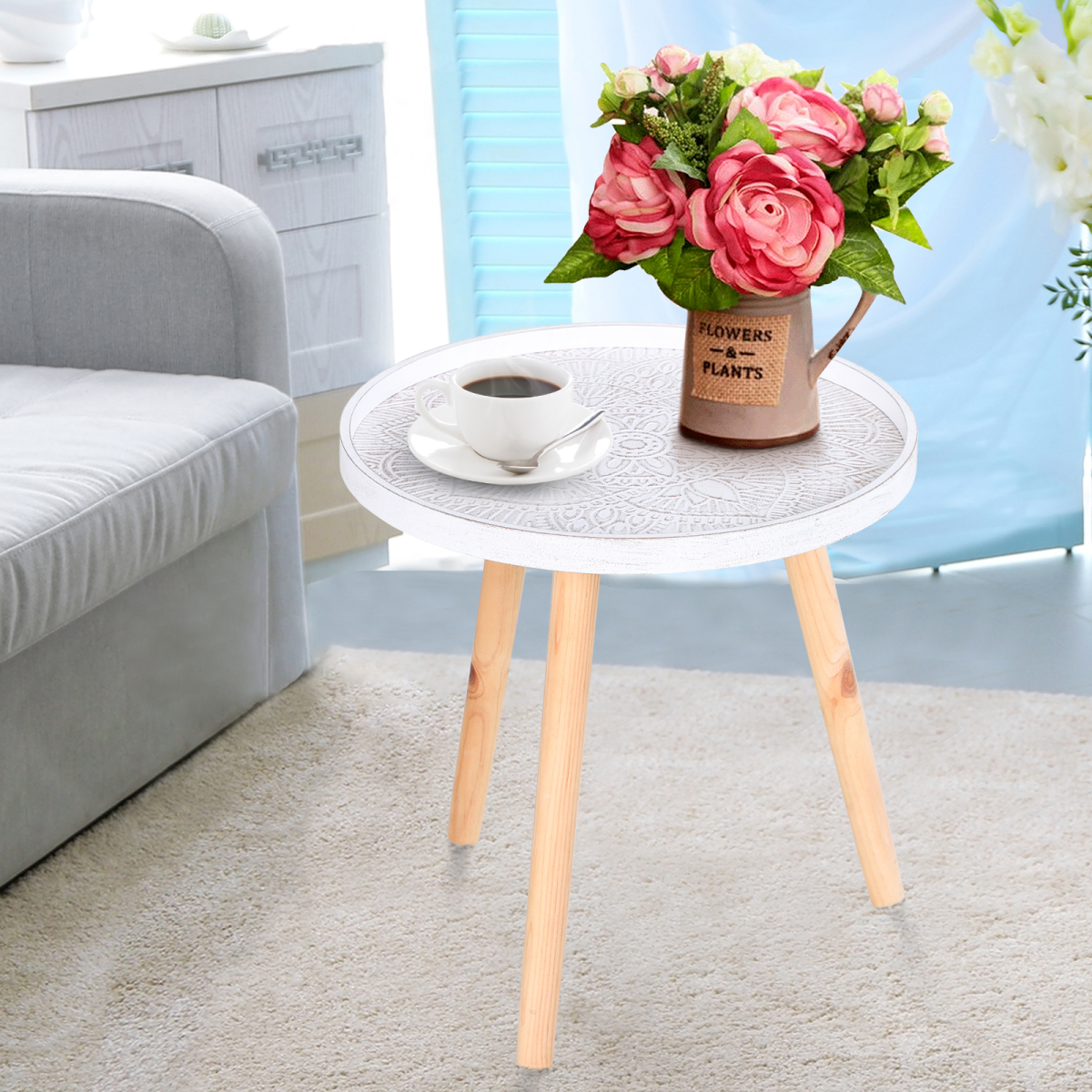 HOMCOM Pine Wood Floral Etched Side Table with white saucer top, showcasing intricate floral design and elegant craftsmanship.