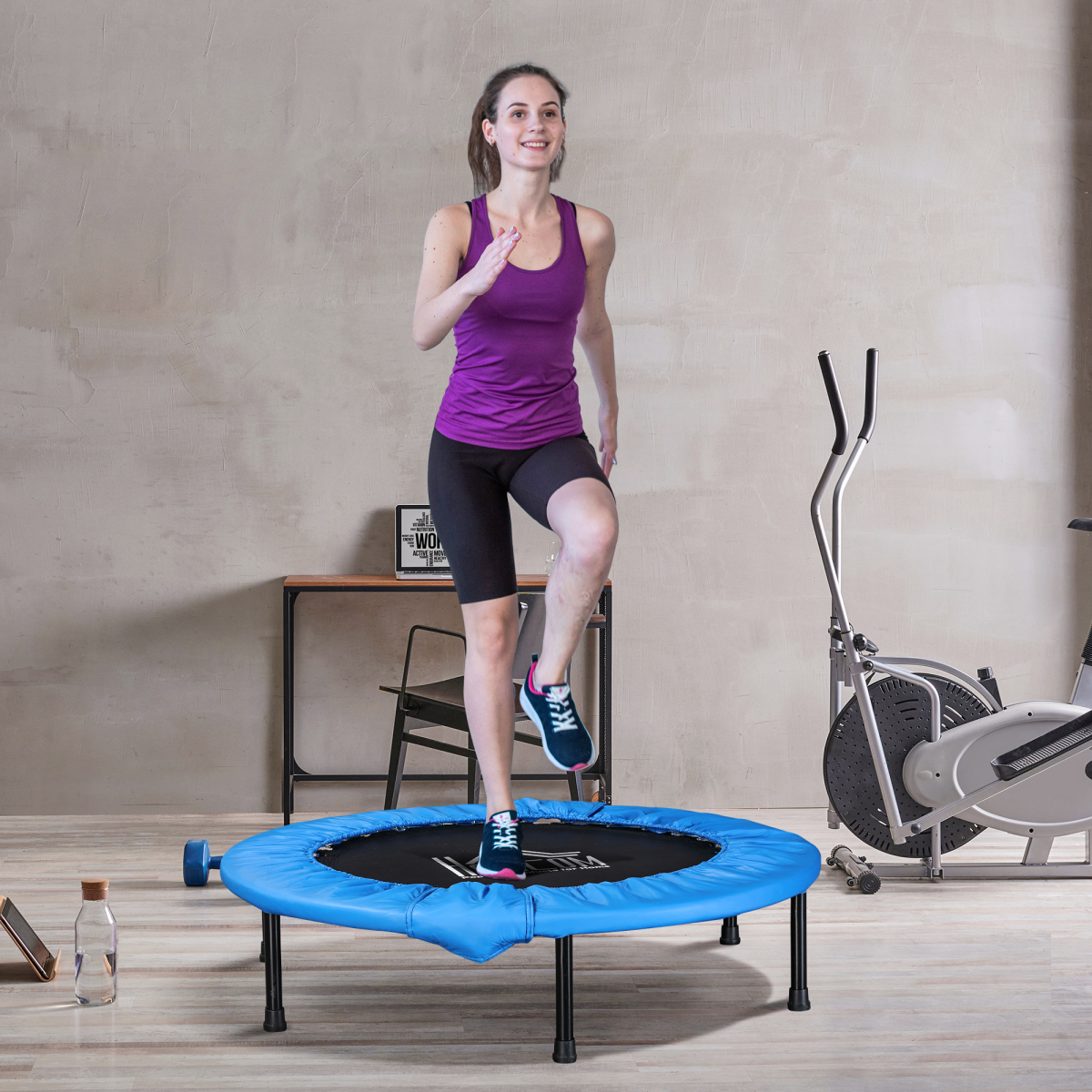 Blue foldable mini fitness trampoline by ActiveGear, designed for exercise and rebounding workouts in a compact size.