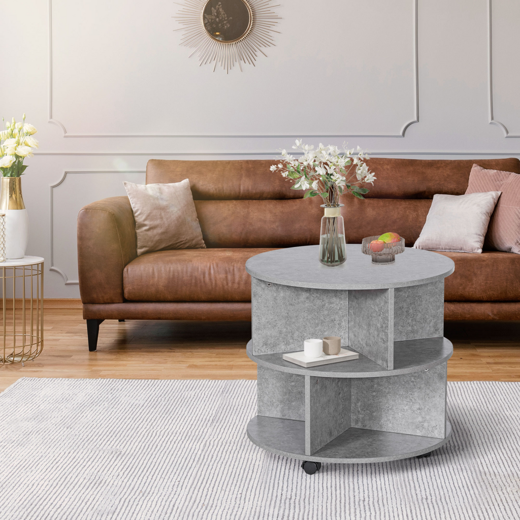 HOMCOM 2-tier coffee table in cement color, featuring a sleek design and spacious top and bottom shelves.