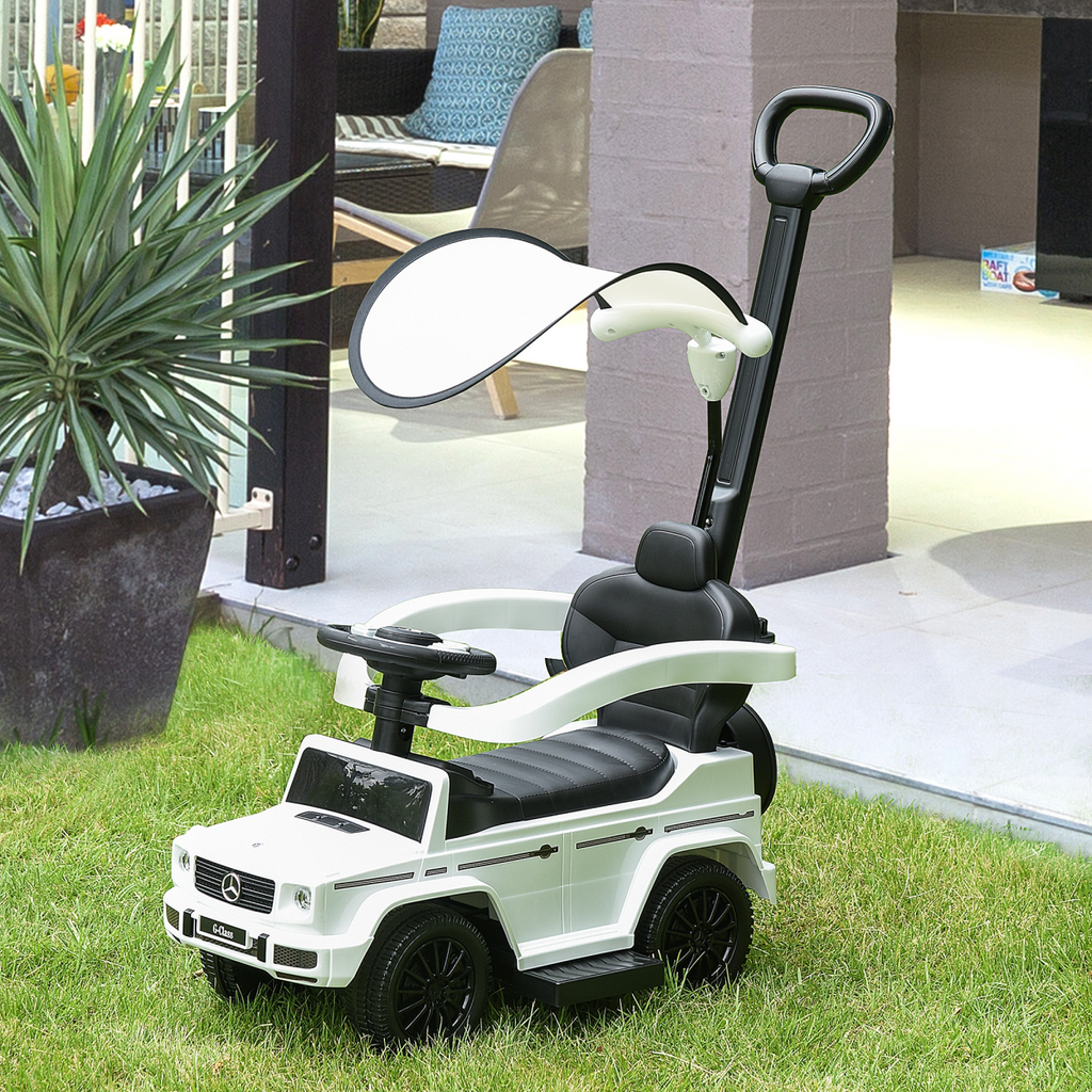 Licensed Mercedes Benz G350 ride-on push car in white with sun canopy for toddlers aged 12-36 months.