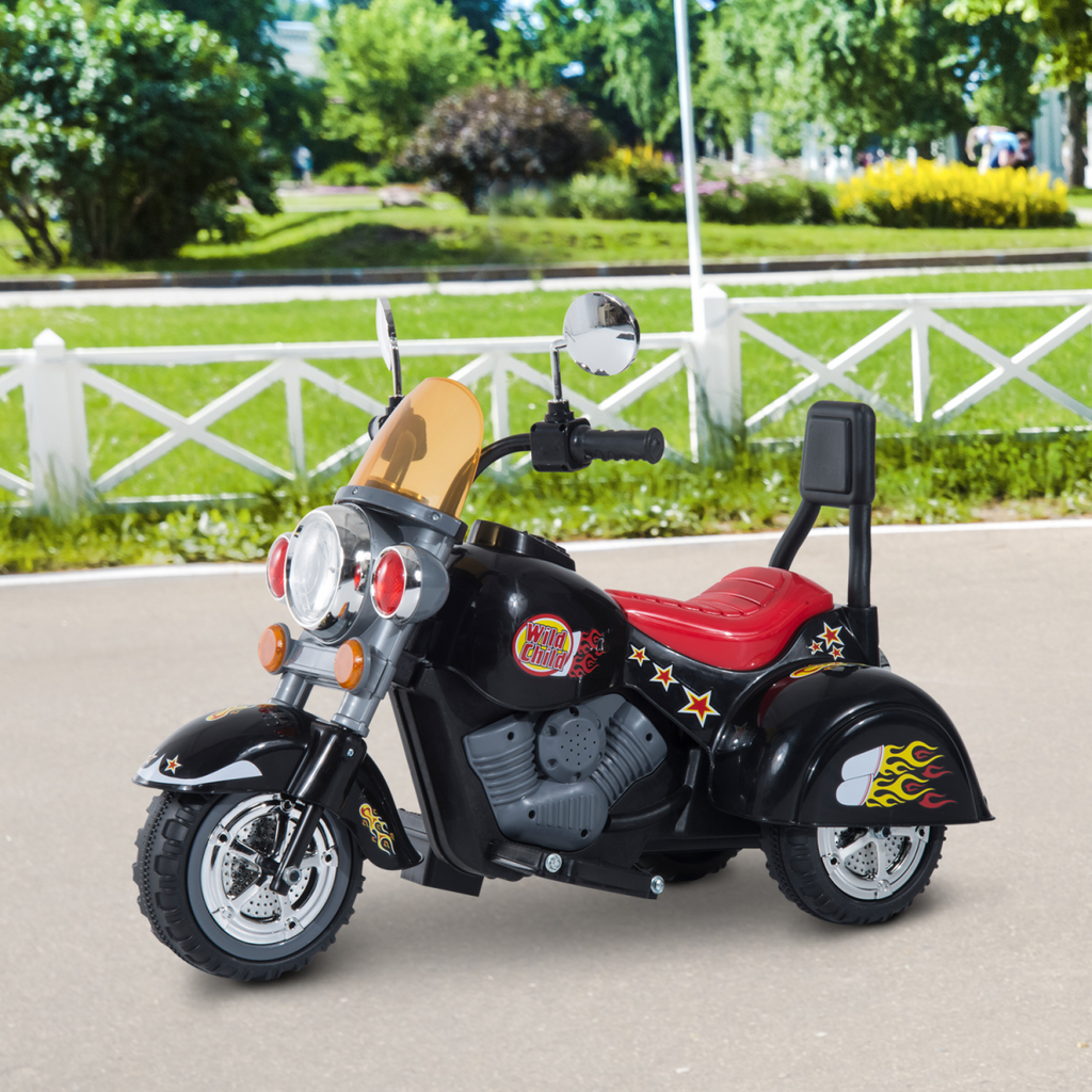Black 6V electric motorbike for kids, 3-wheel design, lights and sound features, suitable for ages 3-6.