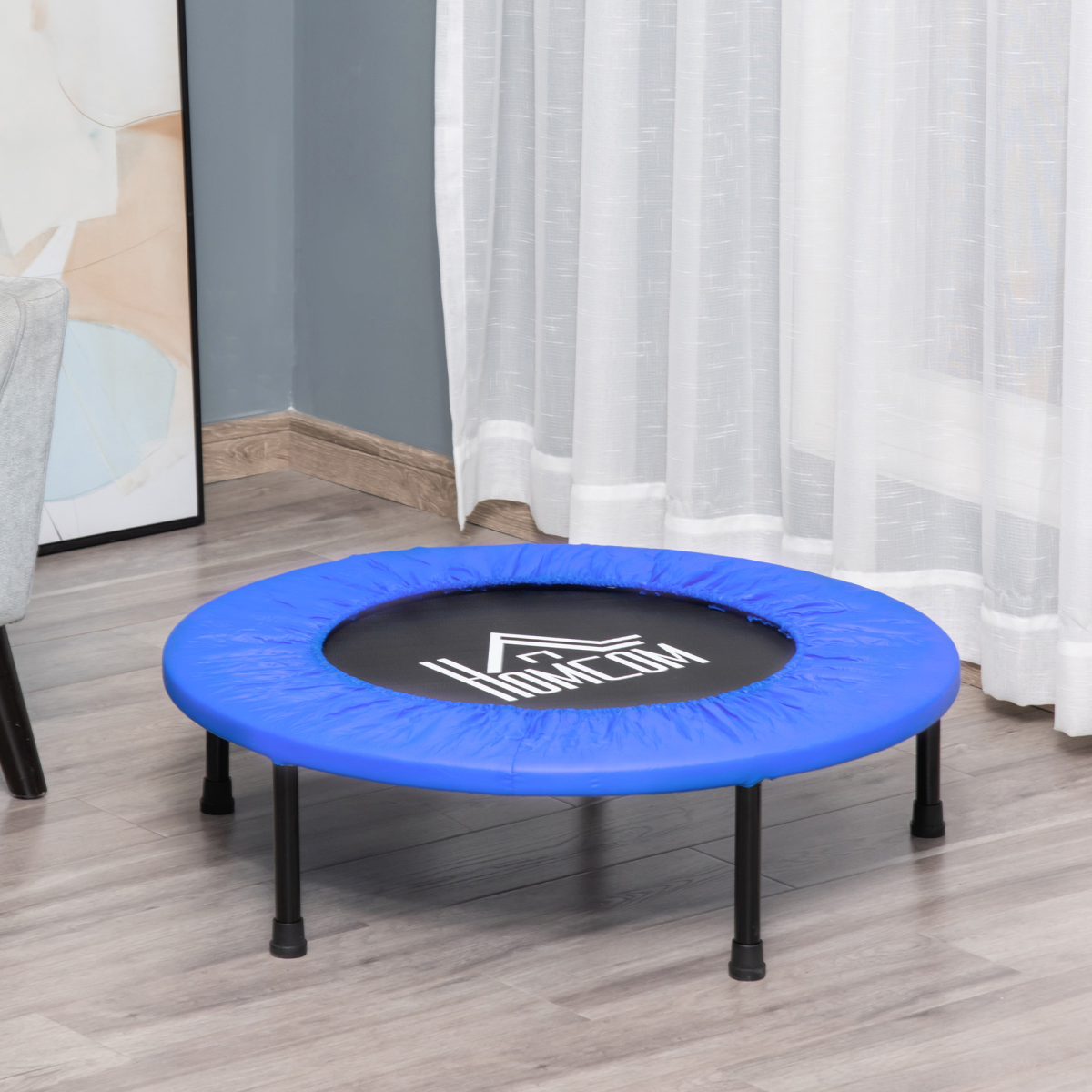 Blue and black HOMCOM fitness trampoline, 81cm foldable rebounder for exercise, max load 100kg, shown in a home setting.