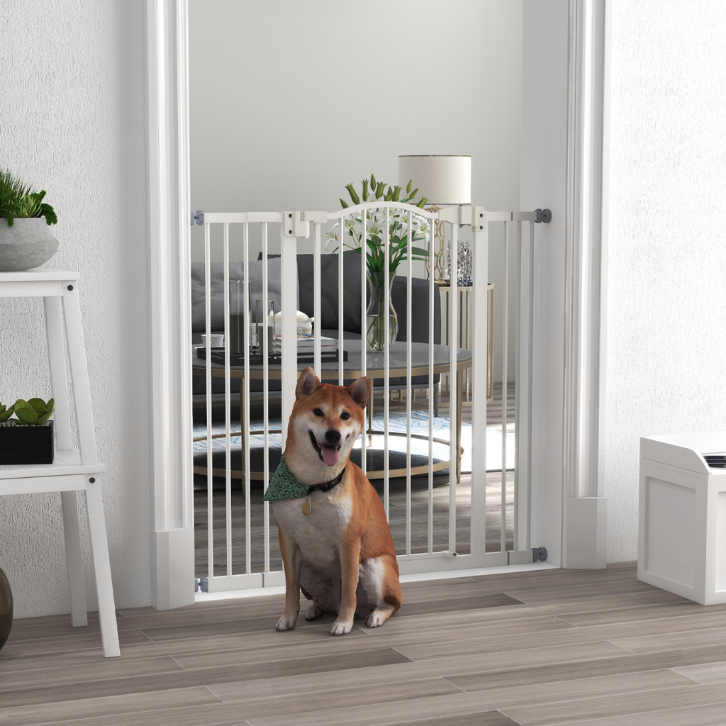 PawHut 74-100cm Adjustable Metal Pet Gate Safety Barrier w/Auto-Close Door White