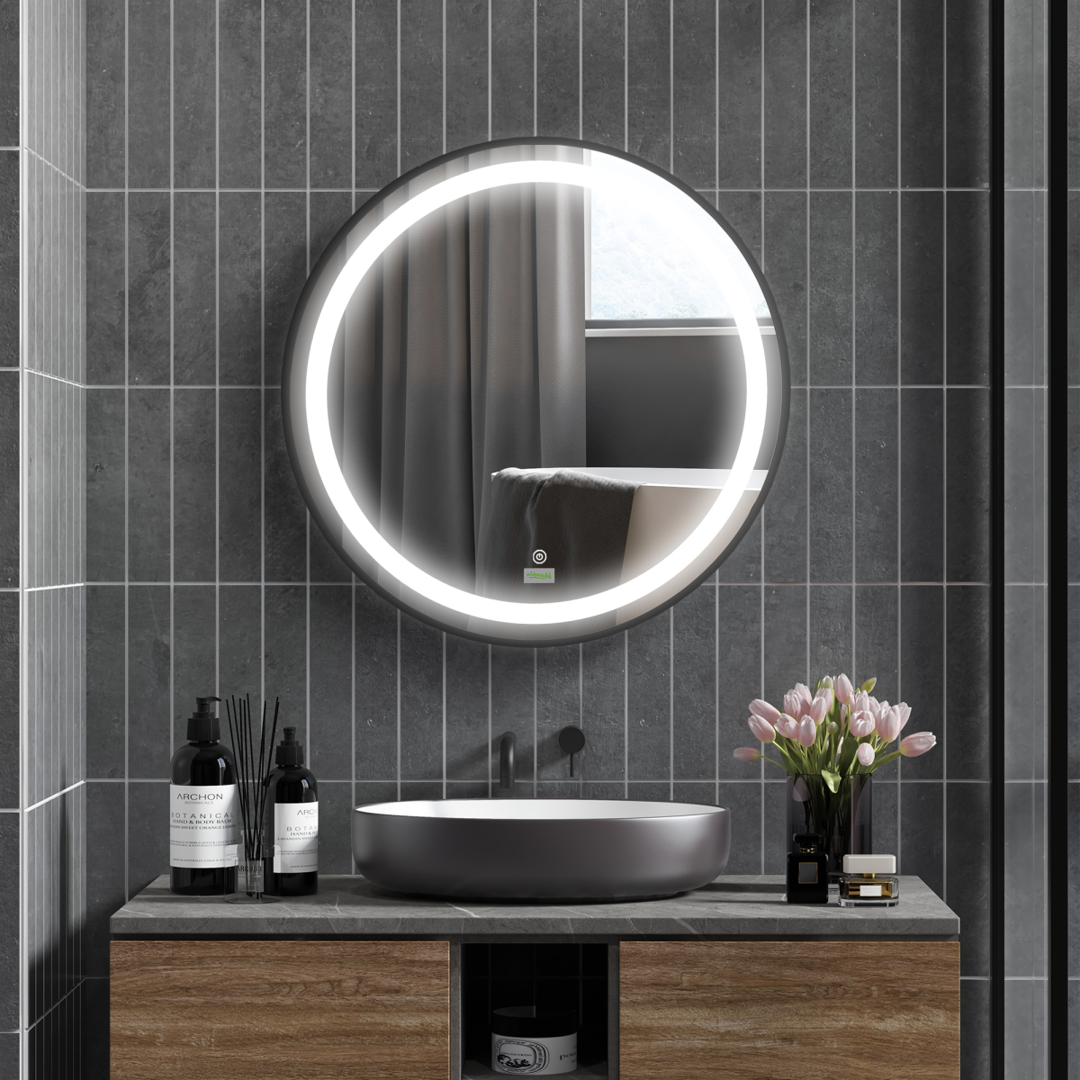 LED Smart Bathroom Mirror Wall Mounted Round Vanity Mirror w/ Lights, Black