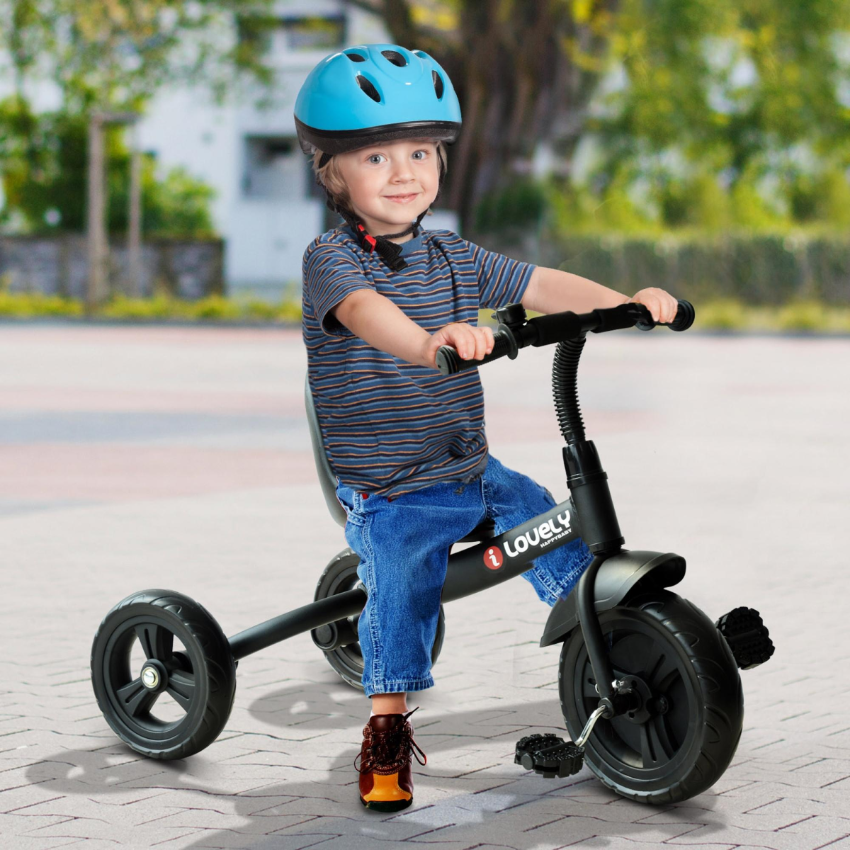 Black FunZone toddler tricycle with three wheels and adjustable seat for ages 18 months and up.