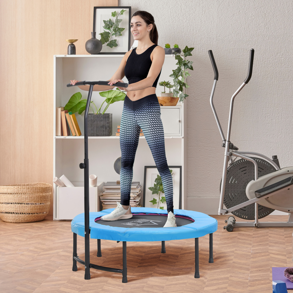 40" Mini Trampoline with adjustable handle for kids and adults, featuring a sturdy design for fitness workouts.