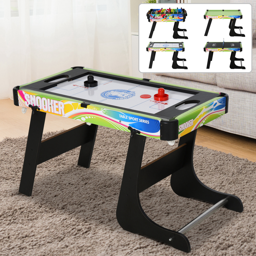 4-in-1 foldable FunZone game table featuring hockey, football, table tennis, and pool for home gaming.