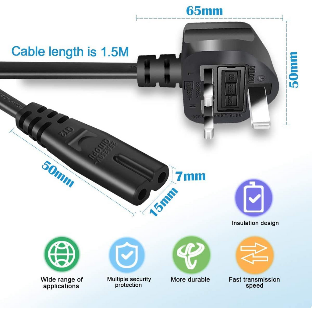 ExtraStar 2 Pin Power Cable UK Plug 1.5m – Black