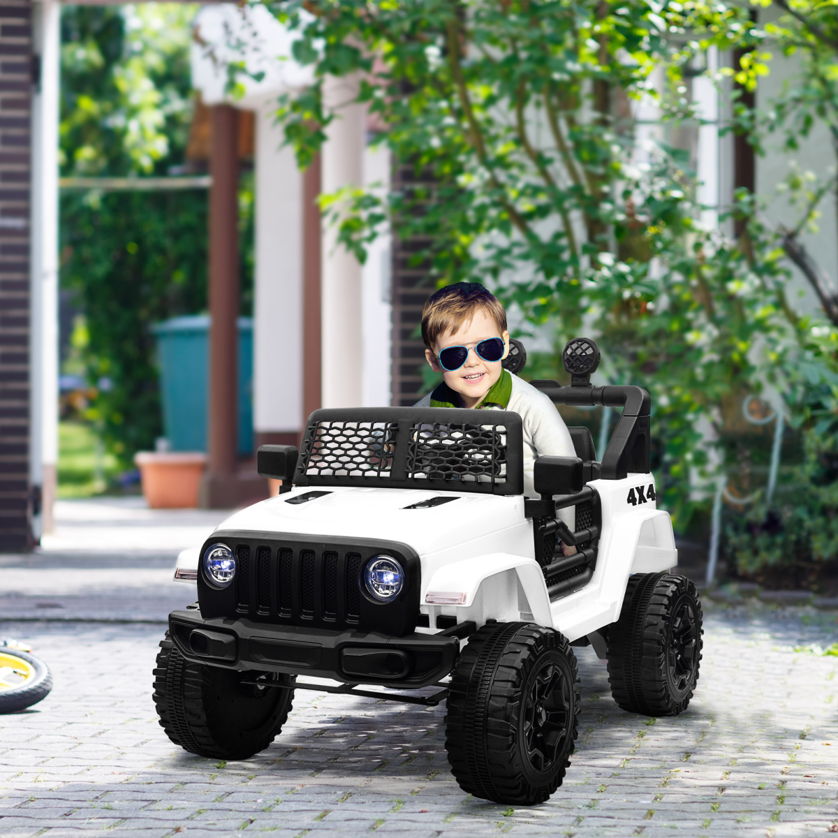 White 12V electric ride-on truck for kids, remote control off-road SUV for ages 3-6, featuring durable design and realistic details.