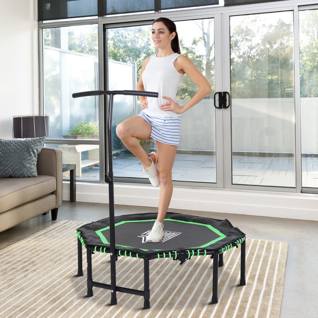 Green foldable trampoline with adjustable handle, designed for adults and teens, by HOMCOM.