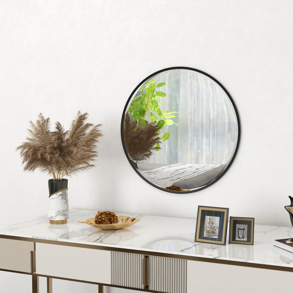 61cm Round Wall Mirror with Black Frame - Modern Circle Mirror for Any Room
