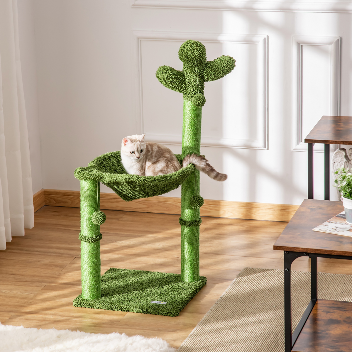 Green cactus cat tree by Pawhut featuring a scratching post, hammock bed, and toy ball for indoor cats.
