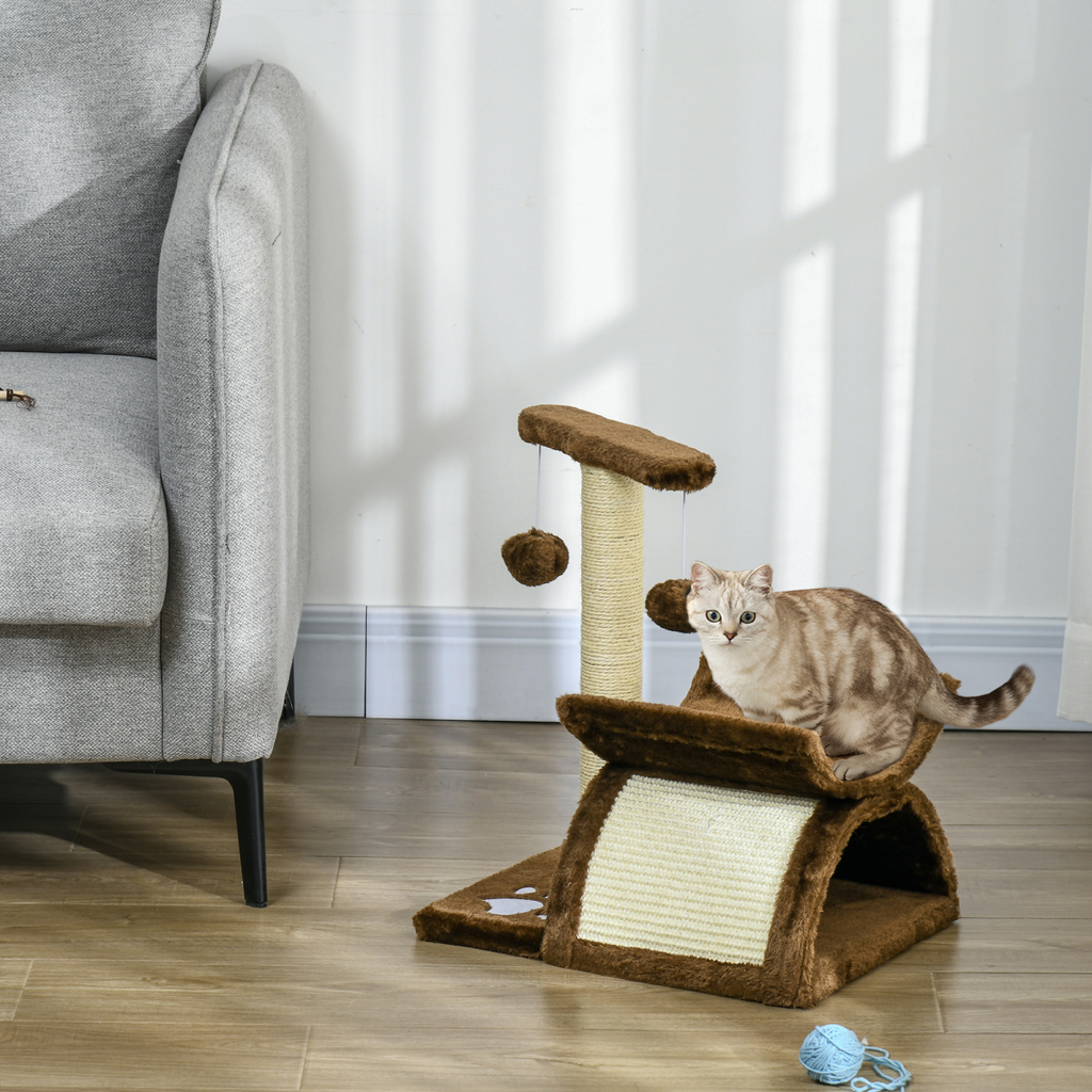 Pawhut cat tree with plush scratching posts, top bar tunnel, and dangling ball for kitty play and activity.