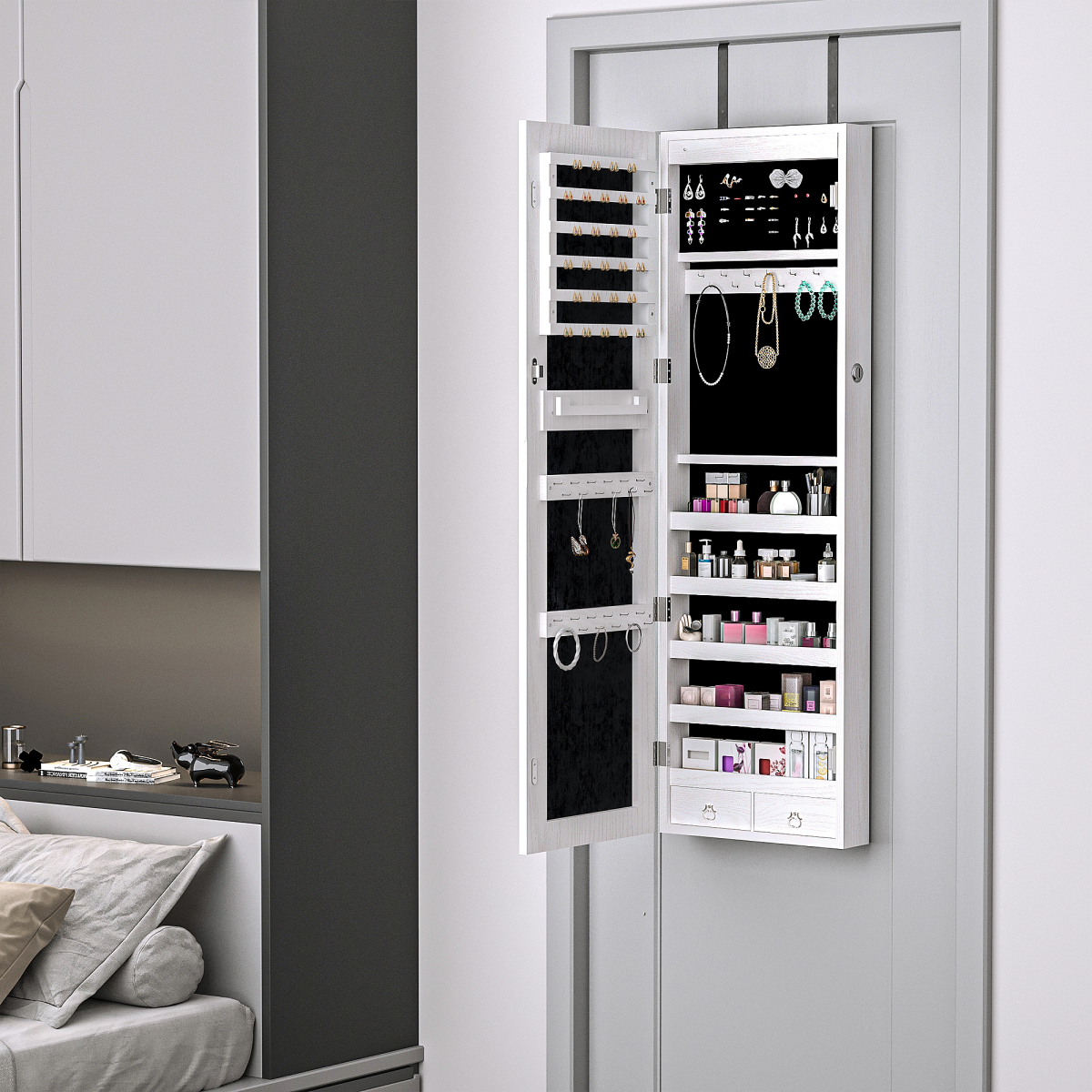 Hanging Mirrored Jewel Storage Cabinet Organiser Lockable w/6 LED White