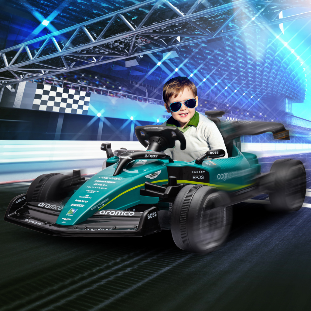 AIYAPLAY 12V Electric Go Kart with shock-absorbing wheels and remote, showcasing its sleek design and vibrant colors.