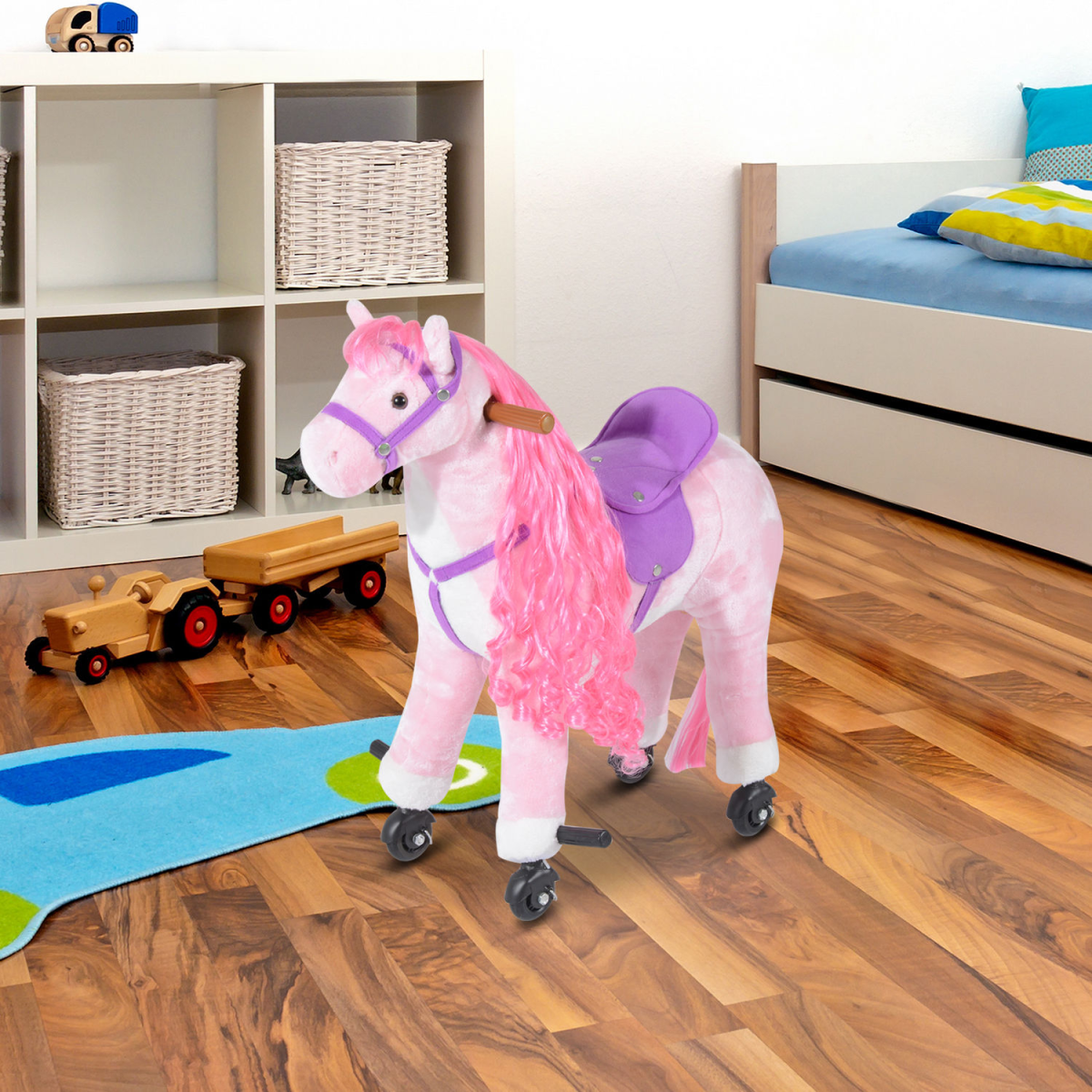 Child riding a plush mechanical walking horse toy by HOMCOM, featuring sound and a playful design in a colorful setting.