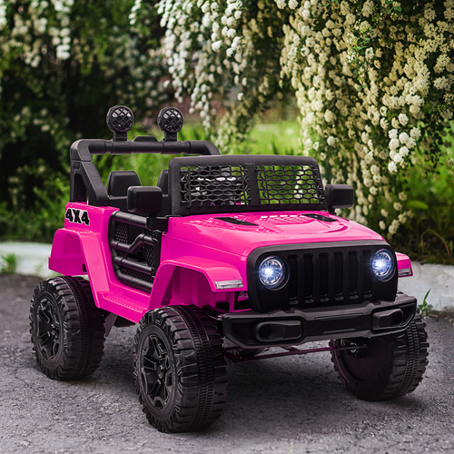 Pink 12V Kids Electric Ride-On Truck, Off-Road SUV with remote control for ages 3-6, featuring realistic design and wheels.